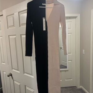 Mustard Seed Black and Cream Long Sleeve Dress